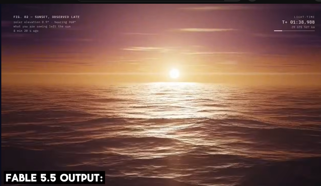 Salida visual de Fable 5.5 mostrando la simulación física de una puesta de sol con telemetría astronómica