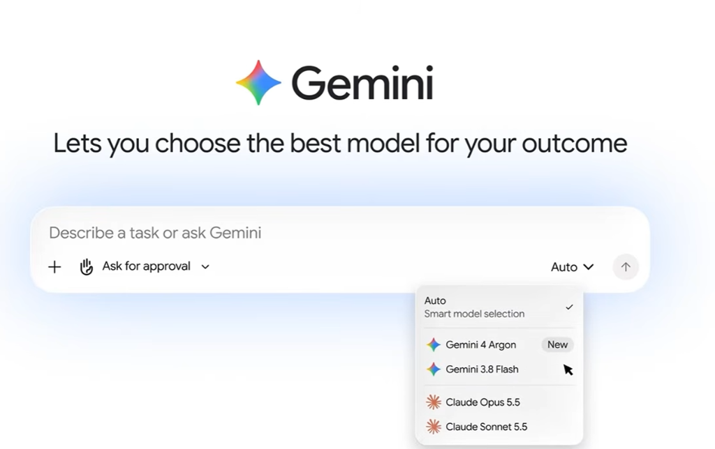 Selector de modelos en Gemini y Antigravity con Gemini 4 Argon y Claude 5.5