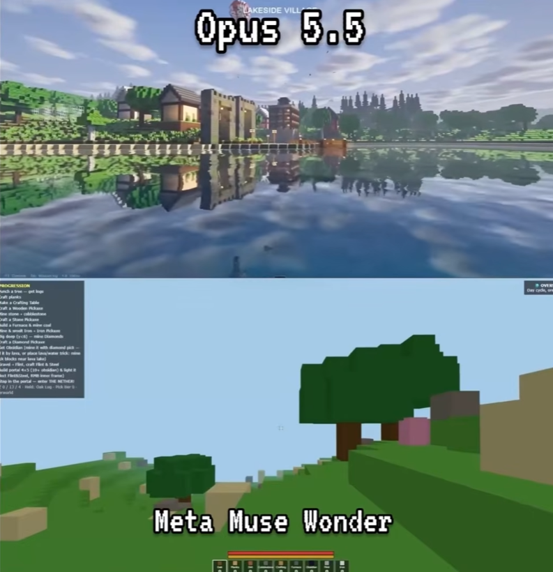 Comparativa de Clon de Minecraft entre Claude Opus 5.5 y Meta Muse Wonder